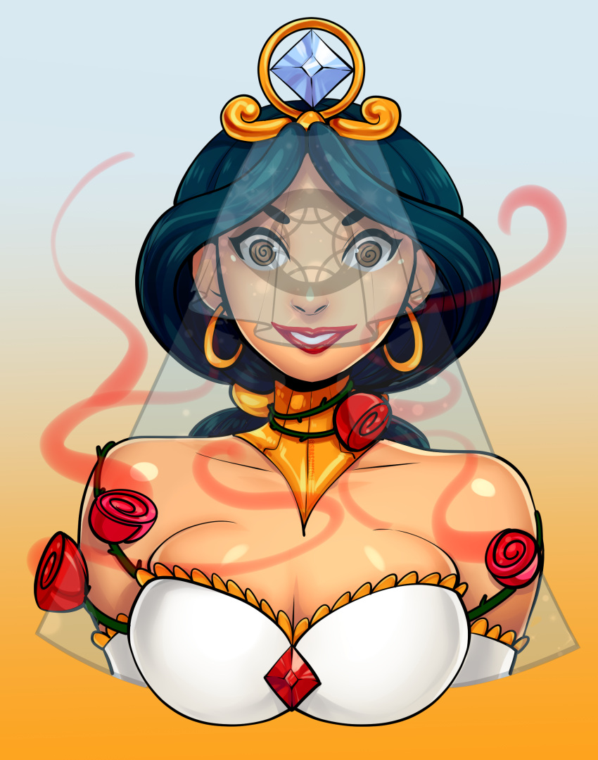 aladdin bondage cleavage disney disney_princess flowers forced_smile full_cleavage helpless hypno_eyes hypnosis large_breasts polished_bride posture_collar princess_jasmine rose smile spiral_eyes srasomeone wedding_dress wedding_veil wide_eyed