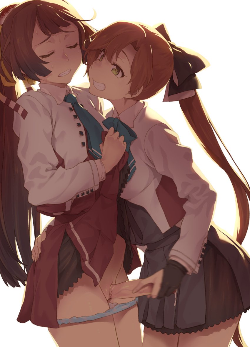 1futa 1girls absurdres akigumo_(kantai_collection) black_bow black_skirt blue_panties bow breasts brown_hair clenched_teeth closed_eyes clothed clothing commentary_request duo female futa_on_female futa_sans_balls futa_with_female futanari green_eyes green_neckwear hair_ribbon hairbow handjob highres kantai_collection kazagumo_(kantai_collection) light_skin long_hair long_sleeves looking_at_another mostly_clothed motion_blur multiple_girls necktie pale_skin panties panties_down panty_pull penis ponytail precum pussy ribbon shirt simple_background skirt skirt_lift smile standing sweatdrop takemura_sesshuu teeth underwear very_long_hair white_background white_shirt yellow_ribbon