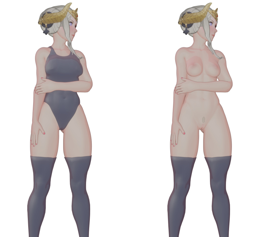 1girls alternate_costume bare_arms bare_thighs edelgard_von_hresvelg emilyblend34 female_pubic_hair fire_emblem fire_emblem:_three_houses horns looking_to_the_side medium_breasts medium_hair nail_polish nintendo nipples one-piece_swimsuit pink_nails post-timeskip pubic_hair purple_eyes pussy solo solo_female swimsuit thighhighs transparent_background white_hair