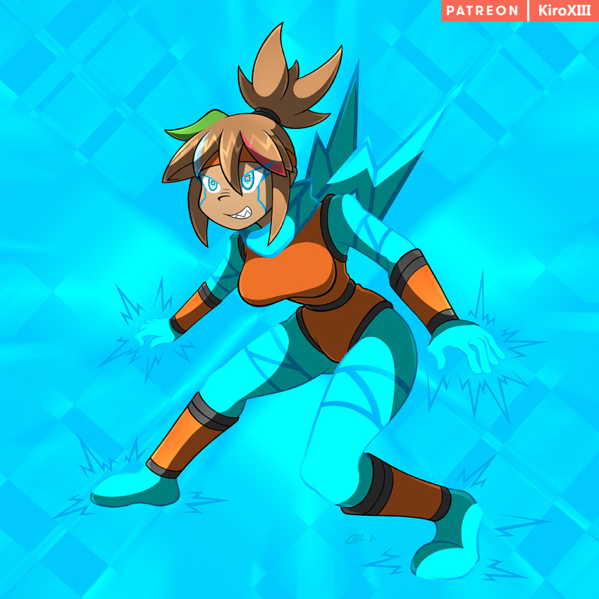 blue_eyes bodysuit brown_hair dark-skinned_female electricity kiroxiii oc pokemon possession rika_dimensional_ninja rotom transformation unusual_pupils watermark