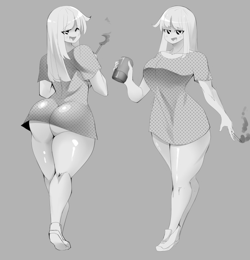 1girls 2021 ass back_view bottomless bottomless_female breasts ch3rrycupcakes cigarette eye_contact female female_focus front_view greyscale long_hair looking_at_viewer milf monochrome original original_character shirt solo solo_female solo_focus thick thick_ass