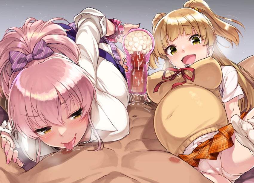 1boy 2girls artificial_vagina assisted_masturbation cameltoe censored cheeky collaborative_handjob cum erect_nipples erection ffm_threesome fleshlight handjob handjob_w/sex_toy idolmaster jougasaki_mika jougasaki_rika large_breasts licking_male_nipple light-skinned_female light-skinned_male light_skin male_pov medium_breasts mosaic_censoring open_mouth pantsu penis perky_breasts pov pregnant saliva school_uniform schoolgirl seductive seifuku shirane_taito skirt_lift sweater the_idolm@ster the_idolm@ster_cinderella_girls threesome tongue_out young