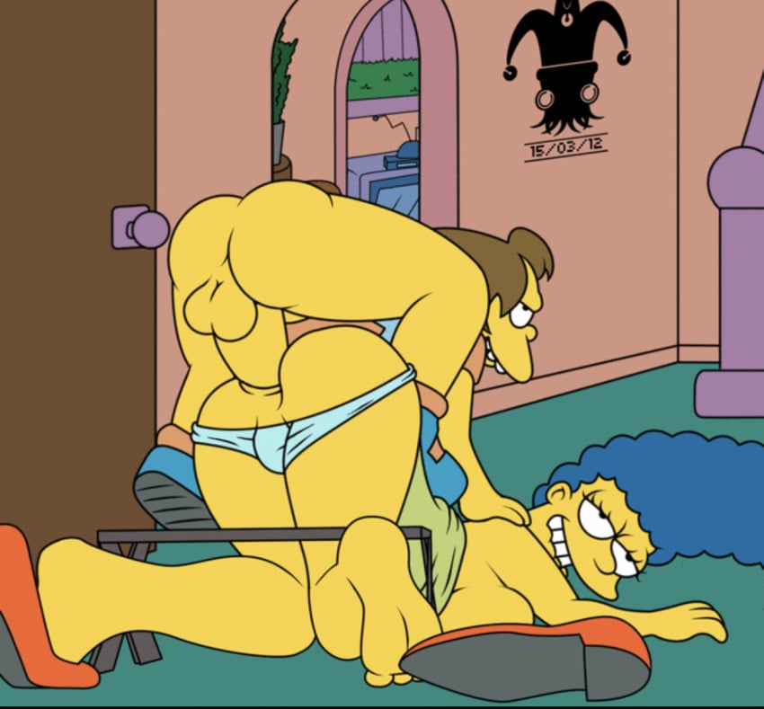 20th_century_fox 20th_century_studios ass ass_up blargsnarf blue_hair face_down_ass_up marge_simpson nelson_muntz the_simpsons yellow_skin