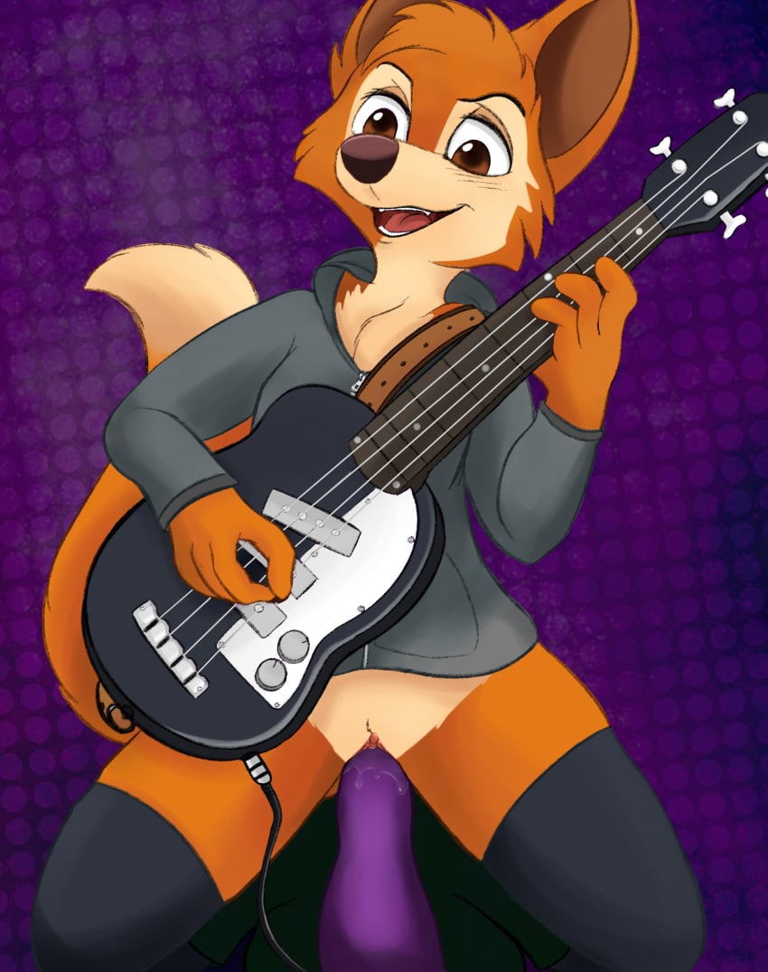 anthro bass_guitar blush bodily_fluids breasts canid canine clitoris clothed clothing darma_(rock_dog) digital_media_(artwork) dildo dildo_sitting female fox fur genital_fluids genitals guitar hi_res kneeling legwear looking_at_viewer mammal musical_instrument nude open_mouth penetration playing_guitar playing_music plucked_string_instrument pussy pussy_juice rock_dog sex_toy simple_background solo spread_legs spread_pussy spreading stockings string_instrument sweater topwear vaginal_penetration vaginal_penetration yosshi