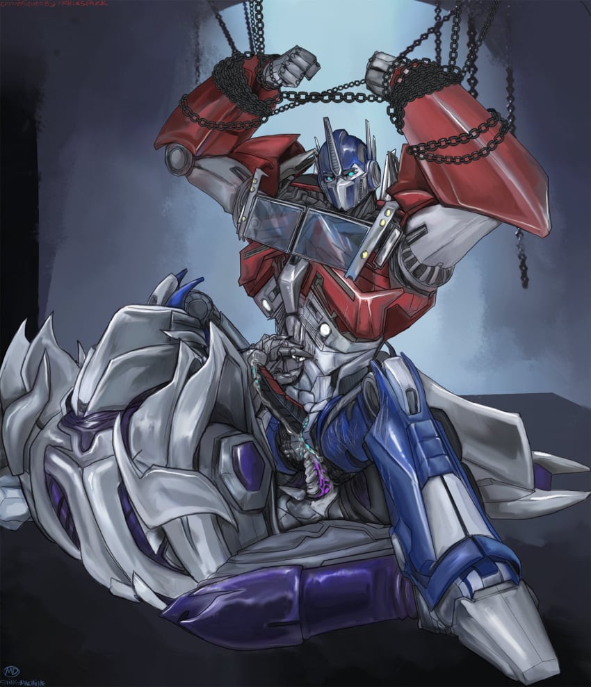 anal anal_sex angry_sex arms_up bound chained chains gay gay_sex hands_tied hands_up hate_sex incest mask megatron optimus_prime riding robot sitting_on_penis size_difference spread_legs stingmachine transformers transformers_prime yaoi