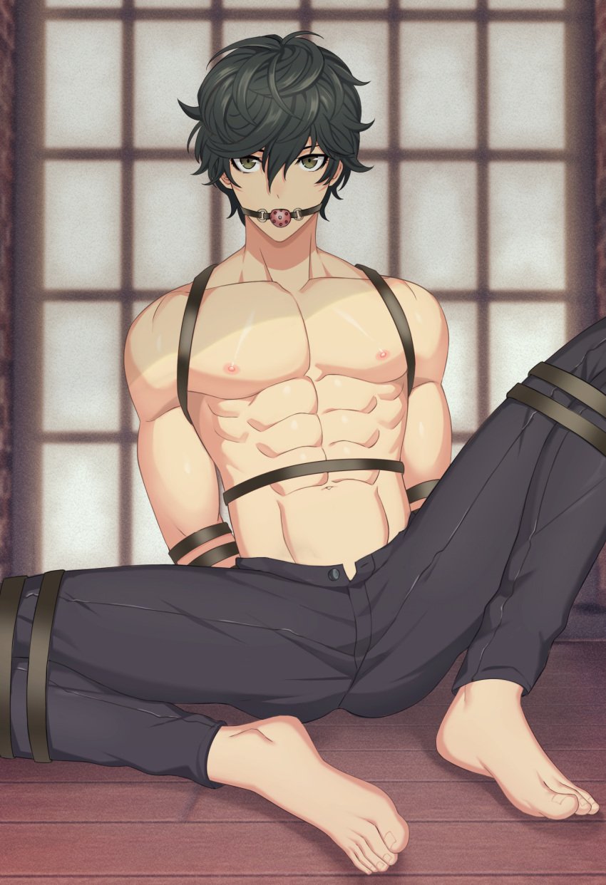 1boy akira_kurusu ball_gag barefoot bondage gag jeans male male_in_bondage persona persona_5 ren_amamiya solo_male