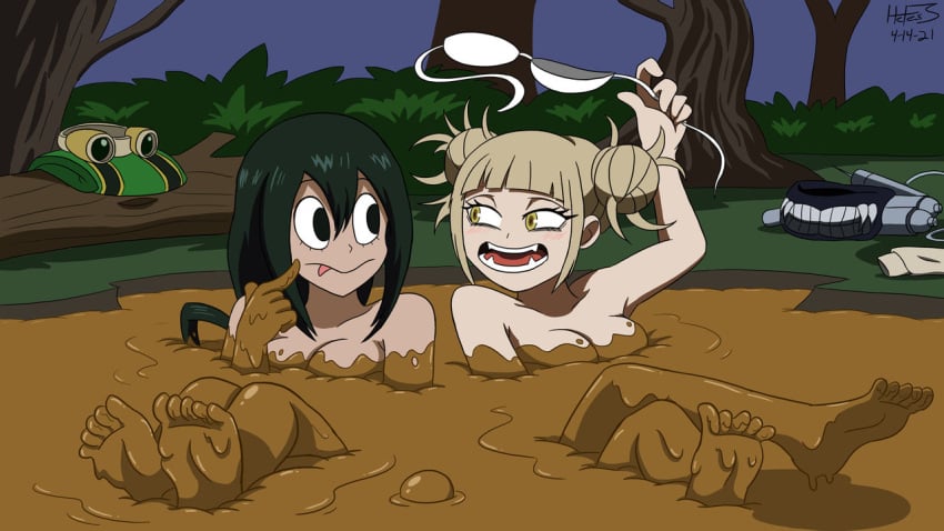 2girls blonde_hair bra bra_removed breasts clothes clothes_removed covered_in_mud dark_green_hair female half_naked half_nude hefess himiko_toga looking_at_each_other medium_hair mud mud_bath mud_on_breast mud_pit my_hero_academia open_mouth outdoors outside short_hair tongue_out tsuyu_asui white_skin yellow_eyes