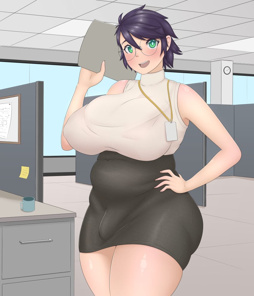 1boy absurdres breasts bulge busty cleavage femboy feminine_male girly highres huge_breasts kristiadder looking_at_viewer male_with_breasts nick_(belkadog) office_lady penis_bulge penis_under_skirt solo thick_thighs wide_hips