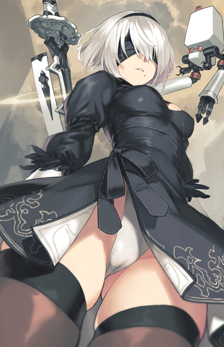 92m blindfold breasts cameltoe from_below nier nier:_automata pod_(nier) sword tagme thick_thighs thighhighs thighs white_background yorha_2b