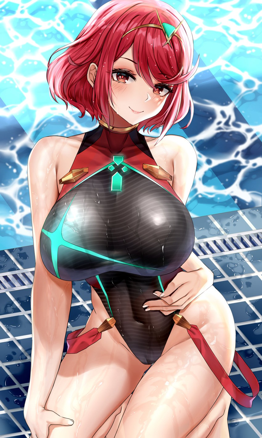 1girls 2021 armpit_crease arms_by_side bangs bare_legs black_swimsuit blush blushing_at_viewer breasts cameltoe detailed_background female female_focus female_only hair_ornament hand_on_thigh hi_res highleg_swimsuit hips hourglass_figure huge_breasts kneeling looking_at_viewer nintendo one-piece_swimsuit piukute062 pool poolside pyra red_eyes red_hair short_hair slim_waist smile smiling_at_viewer suspenders suspenders_hanging swept_bangs swimsuit thick_thighs thigh_gap thighs tiara tight_clothing tight_swimsuit water wet wet_body wet_clothes wide_hips xenoblade_(series) xenoblade_chronicles_2