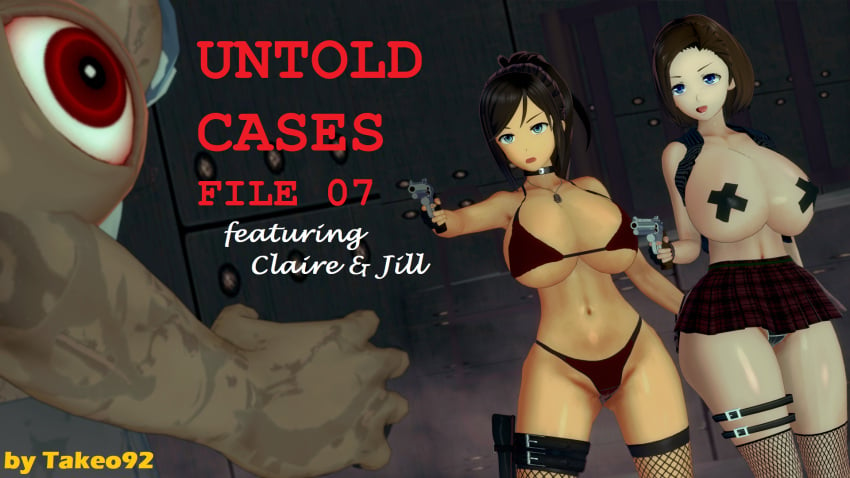 1boy 2girls 3d 3d_(artwork) alternate_costume big_ass big_breasts bikini blue_eyes brown_hair capcom casual claire_redfield cleavage comic cover_page curvaceous curvy duct_tape english_text erect_nipples female fingerless_gloves firearm fishnet_stockings fishnets g-string g-virus g_mutant gun handgun holding_weapon hourglass_figure huge_ass huge_breasts human jill_valentine jill_valentine_(sasha_zotova) koikatsu laboratory large_ass large_breasts miniskirt monster mutant nipples_visible_through_clothing no_eyewear open_mouth panties pasties patreon ponytail resident_evil resident_evil_2 resident_evil_3 revealing_clothes revolver shiny_skin short_hair sideboob swimwear takeo92 taped_nipples text thick_thighs underboob upskirt vest weapon wide_hips