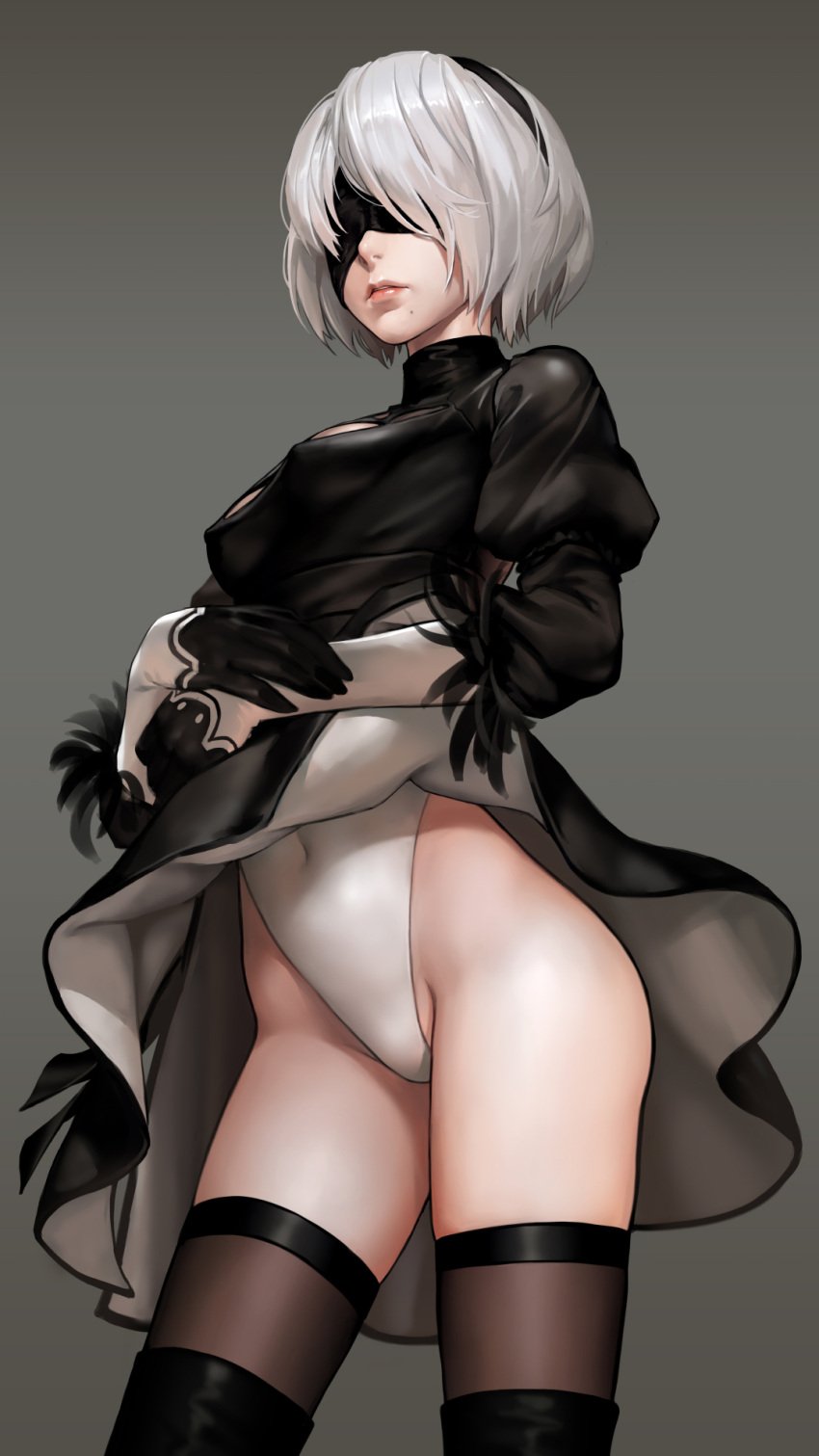 1girls android as109 black_clothing blindfold female female_only leotard mole_under_mouth nier nier:_automata short_hair solo thick_thighs thighhighs thighs white_hair yorha_2b