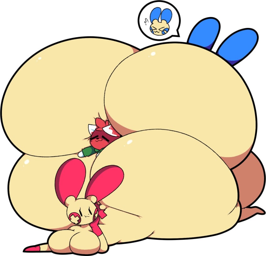 ass_bigger_than_breasts ass_size_difference ass_smothering ass_vs_breasts bottom_heavy breast_size_difference breast_smother breasts_bigger_than_ass dewbber female furry happy hyper hyper_ass hyper_breasts larger_female male minun mob_face nintendo plusle pokémon_(species) pokemon pokemon_(species) sandwiched smaller_male smile text_bubble thick_thighs top_heavy video_games wide_hips