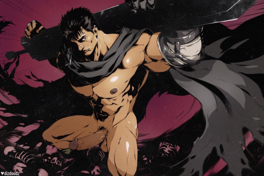 1boy abs balls bara bare_pectorals berserk big_penis black_cape black_hair brown_nipples cape cape_only cloak dizdoodz erect_penis erection feet_out_of_frame foreshortening gauntlets groin guts_(berserk) highres holding holding_sword holding_weapon human human_only large_pectorals looking_at_viewer male male_focus male_only male_pubic_hair muscles muscular muscular_male muscular_thighs naked naked_cloak nipples nude nude_male over_shoulder pectorals penis pubic_hair short_hair sideburns solo solo_focus solo_male spirit squatting stomach sword sword_on_shoulder sword_over_shoulder thighs uncensored veins veiny_penis weapon weapon_over_shoulder