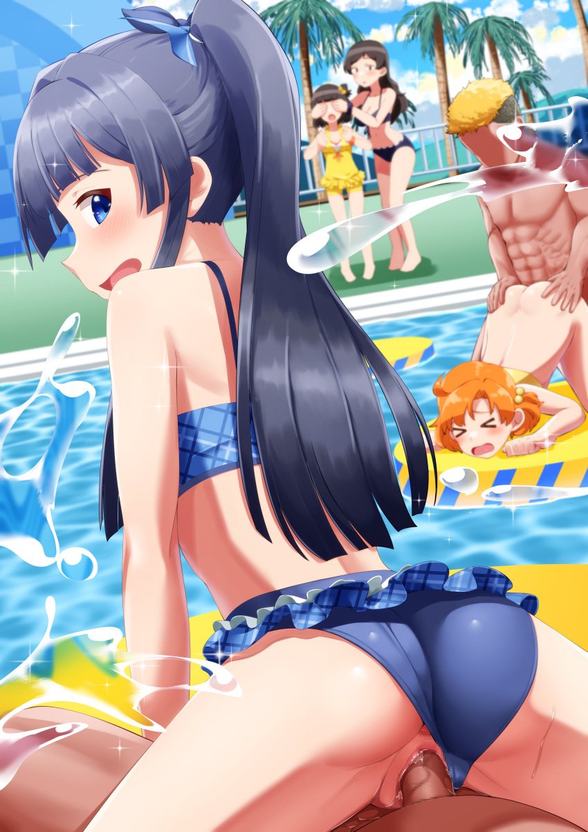 2boys 4girls absurdres ass ass_grab bikini bikini_aside black_hair blue_bikini blue_eyes blurry brown_hair covered_eyes depth_of_field doggy_style exhibitionism faceless faceless_male highres idolmaster idolmaster_million_live! jikantai kitazawa_shiho long_hair looking_back mogami_shizuka multiple_boys multiple_girls nakatani_iku orange_hair penis ponytail pool profile reverse_cowgirl_position sex sex_from_behind solo_focus splashing straddling straight swimsuit water yabuki_kana yellow_eyes