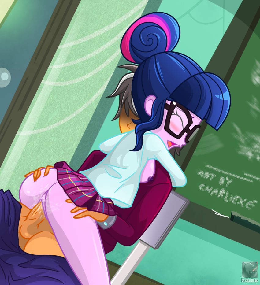 1boy 1girls accurate_art_style ass bespectacled blush chalkboard charliexe classroom closed_eyes clothed clothed_sex clothing correct_artstyle equestria_girls faceless_male female female_on_top friendship_is_magic glasses hair_bun hasbro human_male indoors male male/female mostly_clothed my_little_pony no_bra no_panties penis_in_pussy school_uniform sci-twi sex sex_in_skirt shirt sideboob skirt small_breasts straight twilight_sparkle_(mlp) upskirt vaginal vaginal_penetration vaginal_sex