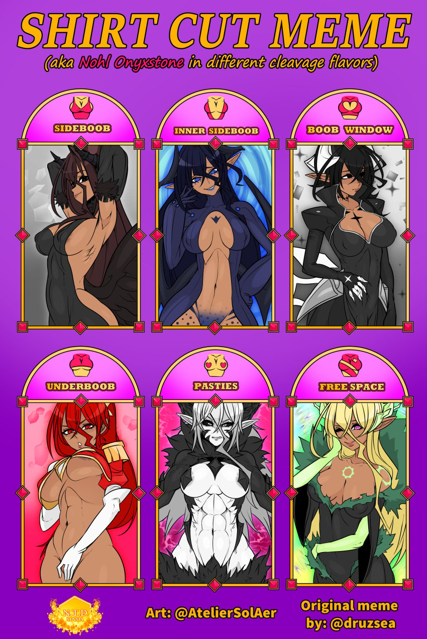 1futa 5girls abs areola areolae arm_gloves atelier_sol_aer background black_eyes black_hair blonde_hair blue_eyes blue_hair blue_lipstick bodysuit boob_window breasts brown_hair bulge claws cleavage clothed clothing dark-skinned_futanari dark_skin demon demon_girl dress female fur futanari gloves green_skin grin hand_on_pussy horns human humanoid inner_sideboob long_gloves long_hair looking_at_viewer markings meme muscles nipple_pasties nohl_onyxstone_(xenxia) oc original_character penis_under_clothes pink_eyes pointy_ears ponytail posing pubic_hair red_eyes red_hair revealing_clothes scales shark_teeth sharp_fingernails sharp_teeth shirt_cut_meme short_hair shoulder_pads side_boob sideboob silver_hair skin_tight slit_pupils smirk spots standing tattoo underboob white_eyes white_hair white_skin wings xenxia