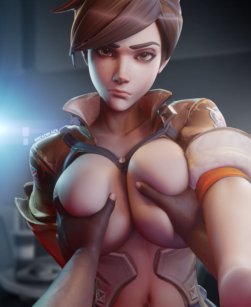 1boy 1girls 3d 4k absurdres angry angry_face annoyed big_breasts breadblack breast_grab breasts brown_hair covered_nipples dark-skinned_male female female_focus freckles frown highres interracial looking_at_viewer male male_pov no_eyewear overwatch pov solo_focus straight tracer union_jack