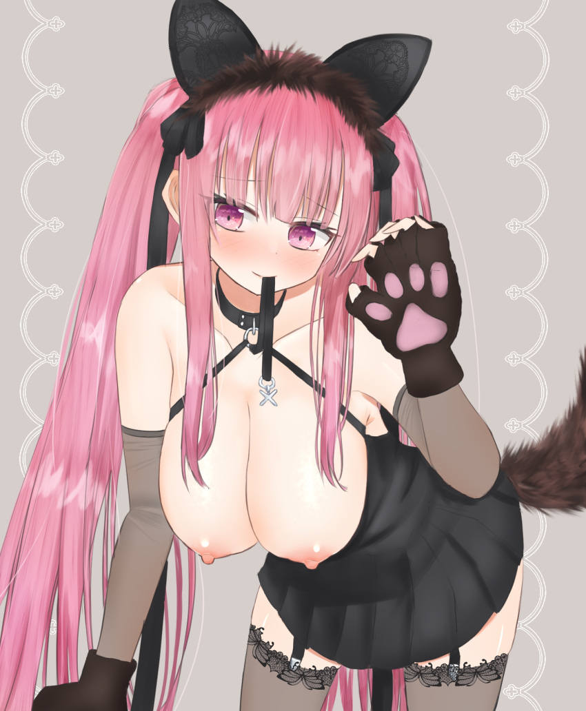 1girls alternate_costume areolae azur_lane blush breasts breasts_out cat_headband cleavage clothed clothing embarrassed eyebrows_visible_through_hair fake_animal_ears fake_cat_ears fake_cat_tail fake_tail female female_only fingerless_gloves garter_belt gloves huge_breasts la_galissonniere_(azur_lane) la_galissonniere_(black_cat_of_all_hallows'_eve)_(azur_lane) light-skinned_female light_skin nipples nose_blush official_alternate_costume paw_gloves pink_eyes pink_hair solo vichya_dominion_(azur_lane) yu_karaageudon