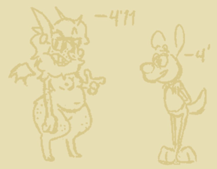 anthro breasts canid canine canis chart chiropteran chubby_female disembodied_wings domestic_dog doodle_(doodledoggy) doodledoggy duo eyewear female fingerguns fluffy grin height_chart male mammal neck_tuft slightly_chubby small_breasts smile sunglasses thick_thighs toonkind tuft