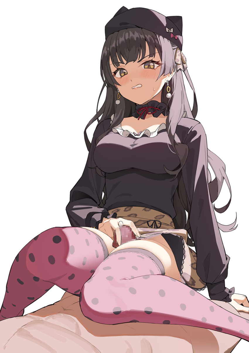 1boy animal_print bangs between_legs black_choker black_hair black_headwear blunt_bangs blush breasts brown_eyes brown_skirt censored choker clothed_female_nude_male cowgirl_position earrings female handjob hat highres icarus_(632247131) idolmaster idolmaster_shiny_colors jewelry leopard_print long_hair looking_down mayuzumi_fuyuko medium_breasts mosaic_censoring nude outercourse penis penis_between_thighs pink_legwear polka_dot polka_dot_legwear print_skirt simple_background skirt solo_focus straight thighhighs white_background