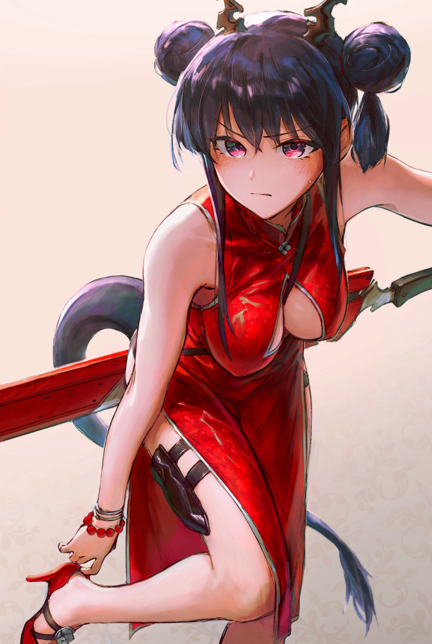 1girls absurd_res arknights bare_arms bare_shoulders blue_hair blush breasts ch'en_(arknights) cheongsam chinese_clothes cleavage cleavage_cutout double_bun dragon_girl dragon_horns dragon_tail dress female female_only hairbun high_heels highres leaning_forward legs looking_at_viewer medium_breasts pale-skinned_female pale_skin pink_eyes qipao red_dress sleeveless sleeveless_dress solo sweat sword tail tentsuu_(tentwo)