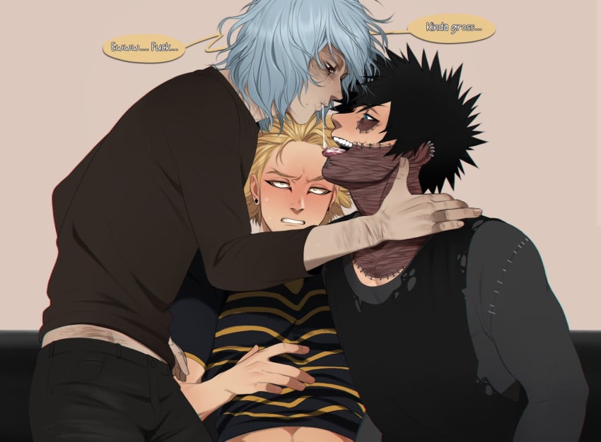 3boys arm_hair bangs black_eyes black_hair black_pants black_shirt blonde_hair blue_fire blue_hair blush burn_scar clenched_teeth cum cum_in_mouth cum_swap dabi ear_piercing english_commentary english_text fire grey_shirt grin hawks_(my_hero_academia) highres keigo_takami looking_at_another male_focus messy_hair multiple_boys my_hero_academia pants piercing riffraff riffraffhellyea scar shigaraki_tomura shimura_tenko shirt short_sleeves smile speech_bubble striped striped_shirt sweat takami_keigo teeth todoroki_touya tomura_shigaraki tongue tongue_out touya_todoroki upper_body yaoi yellow_eyes