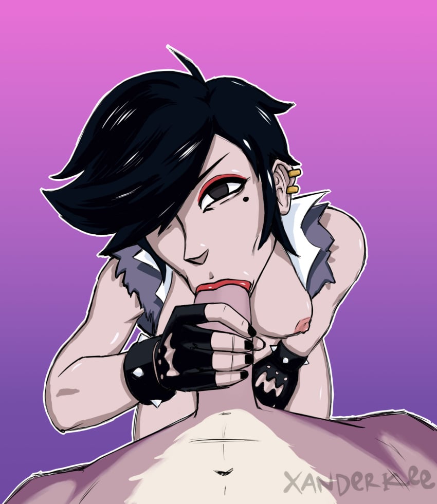 1boy 1girls black_hair borrowed_character earrings eyeshadow goth hi_res mari_(derpixon) oral party_games penis pov punk red_lipstick short_hair xanderkee