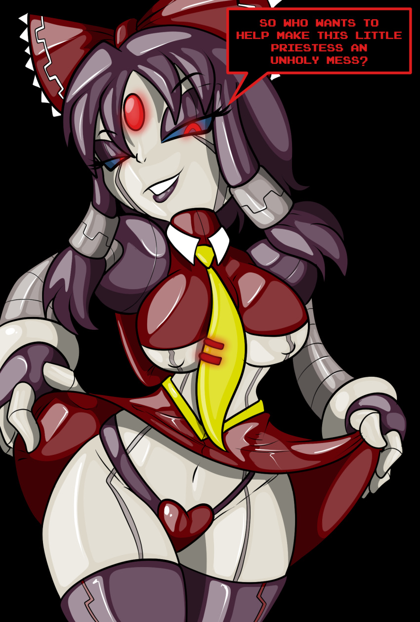 chaoscroc dark_persona eye_color_change female heart_panties implied_transformation large_breasts navel nipples post_transformation reimu_hakurei robot_girl robotization thick_thighs touhou transformation wide_hips