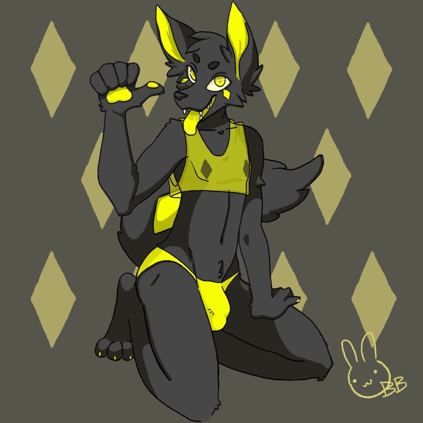 anthro briefs bulge bunnyblanket canid canine canis clothing cropped_jacket genital_outline gesture hi_res kneeling looking_at_viewer male mammal penis_outline pointing pointing_at_self softdiamond solo spread_legs spreading tongue underwear wolf yellow_eyes yellow_tongue