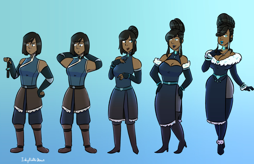 1girls artist_name avatar_legends breast_expansion choker clothing elegant_dress female high_heels identity_death inkyfluffdraws jewelry korra large_breasts smooth_skin solo solo_female the_avatar the_legend_of_korra thick_lips transformation transformation_sequence water_tribe