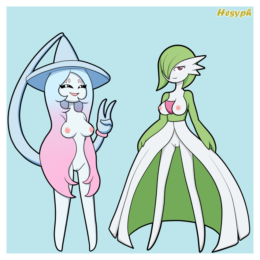 2girls blue_hair breasts dress gardevoir green_hair hat hatterene hesyph_(artist) multiple_girls nipples pokémon_(species) pokemon pokemon_(species) pokemon_rgby pokephilia pussy v_sign