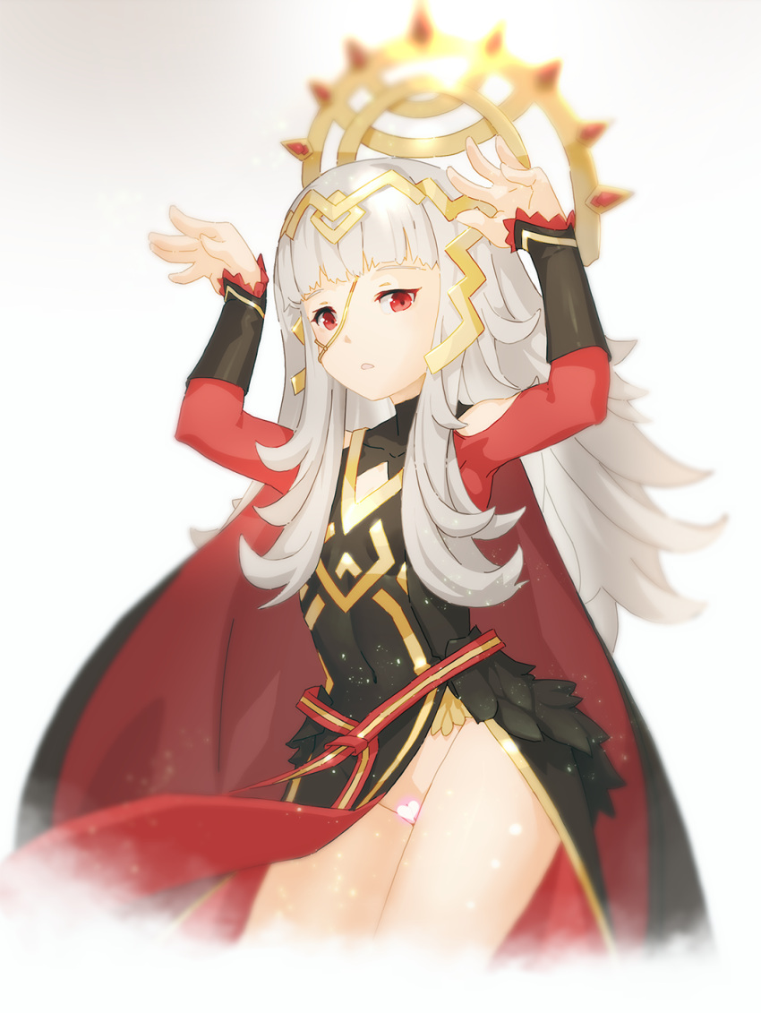 1girls alternate_version_available arms_up bad_censor bangs bluesnail cape censored clothes_lift covering covering_crotch fire_emblem fire_emblem_heroes flat_chest grey_hair headgear highres long_hair long_sleeves looking_at_viewer no_panties open_mouth pelvic_curtain pelvic_curtain_lift red_eyes solo solo_female veronica_(fire_emblem) white_background