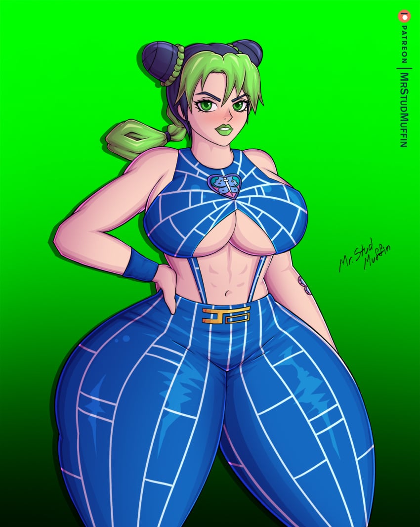 belly belly_button belly_exposed big_ass big_breasts big_thighs blush bottom_heavy buff curvy dyed-hair dyed_hair female hands_on_hips huge_breasts hyper_thighs jojo's_bizarre_adventure jolyne_kujo lipstick looking_at_viewer makeup massive_thighs mrstudmuffin muscles muscular muscular_female pigtails stomach stomach_exposed stone_ocean teenager thick thick_ass thick_thighs thighs thin thin_waist thunder_thighs tomboy