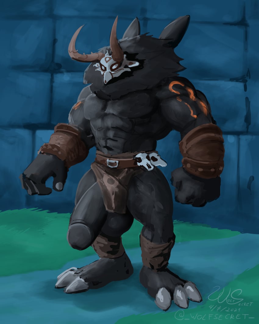 2021 animal_humanoid anthro artist_name balls barazoku big_balls big_muscles big_penis bone bottomwear clothing dated feet flaccid foreskin genitals genshin_impact hi_res hilichurls_(species) horn huge_balls huge_cock huge_muscles humanoid hyper hyper_balls hyper_genitalia hyper_muscles hyper_penis loincloth male male_only mammal mammal_humanoid mane markings mask mitachurl monster muscular muscular_anthro muscular_male painting_(artwork) paws penis skull solo tall thong traditional_media_(artwork) tribal tribal_markings uncut underwear video_games wolfsecret