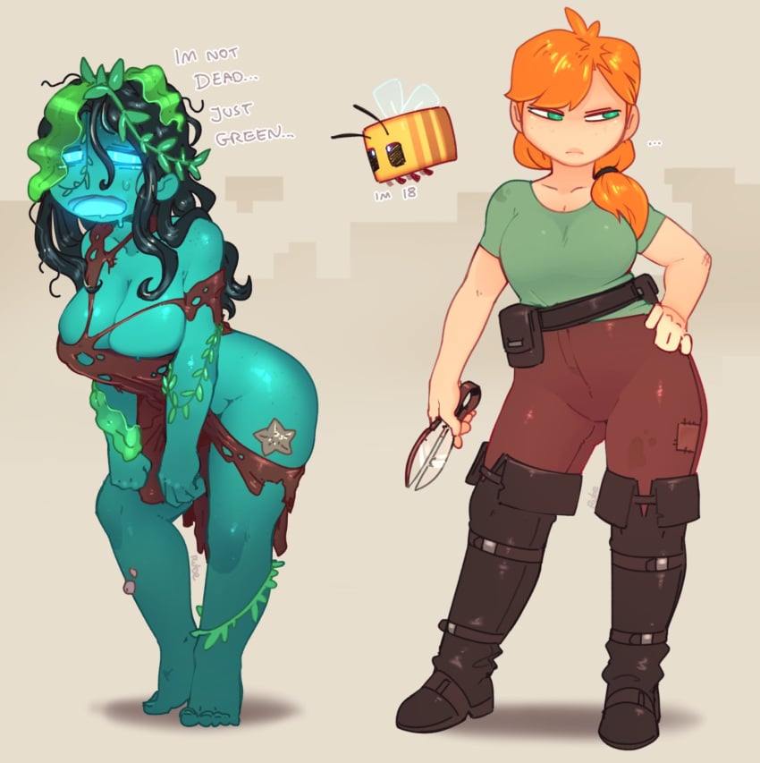 2girls alex_(minecraft) barefoot bee_(minecraft) belt boots breasts clothed clothed_female drowned_(minecraft) female footwear green_eyes human justrube leather leather_boots legwear minecraft pale_skin red_hair redhead ripped_clothing rube shears