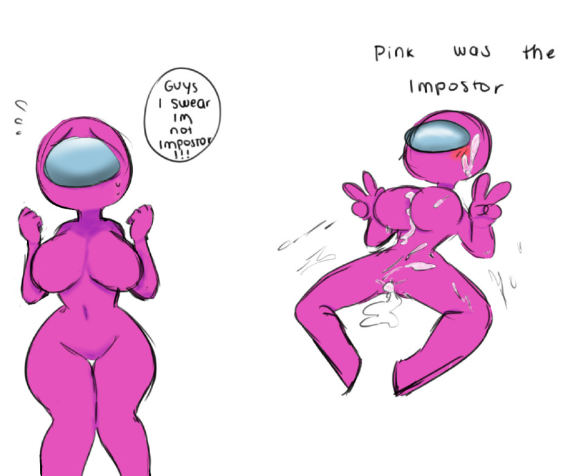 1girls after_sex among_us cum cum_in_pussy cum_inside cum_on_breasts female impostor_(among_us) instant_loss_2koma large_breasts monomogi peace_sign pink_(among_us) rape spacesuit sweat tagme thick_thighs v what