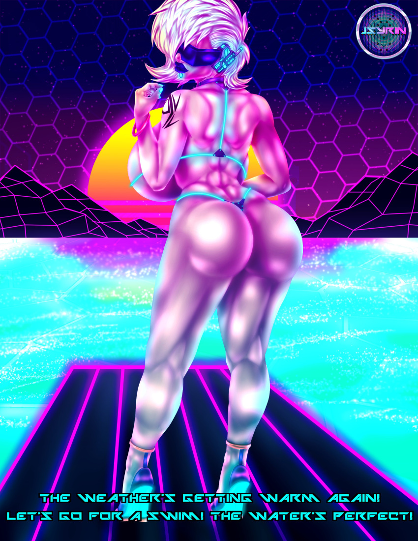 ass big_breasts breasts busty cora_elinu_(neo_world_order) cybernetics cyberpunk cyborg female female_focus high_heels hourglass_figure jsyrin large_breasts lipstick makeup micro_bikini neo_world_order neon neon_grid neon_lights pale-skinned_female pale_skin puffy_lips rear_view skimpy skimpy_bikini skimpy_clothes sling_bikini synthwave tagme toned toned_female white_skin wide_hips