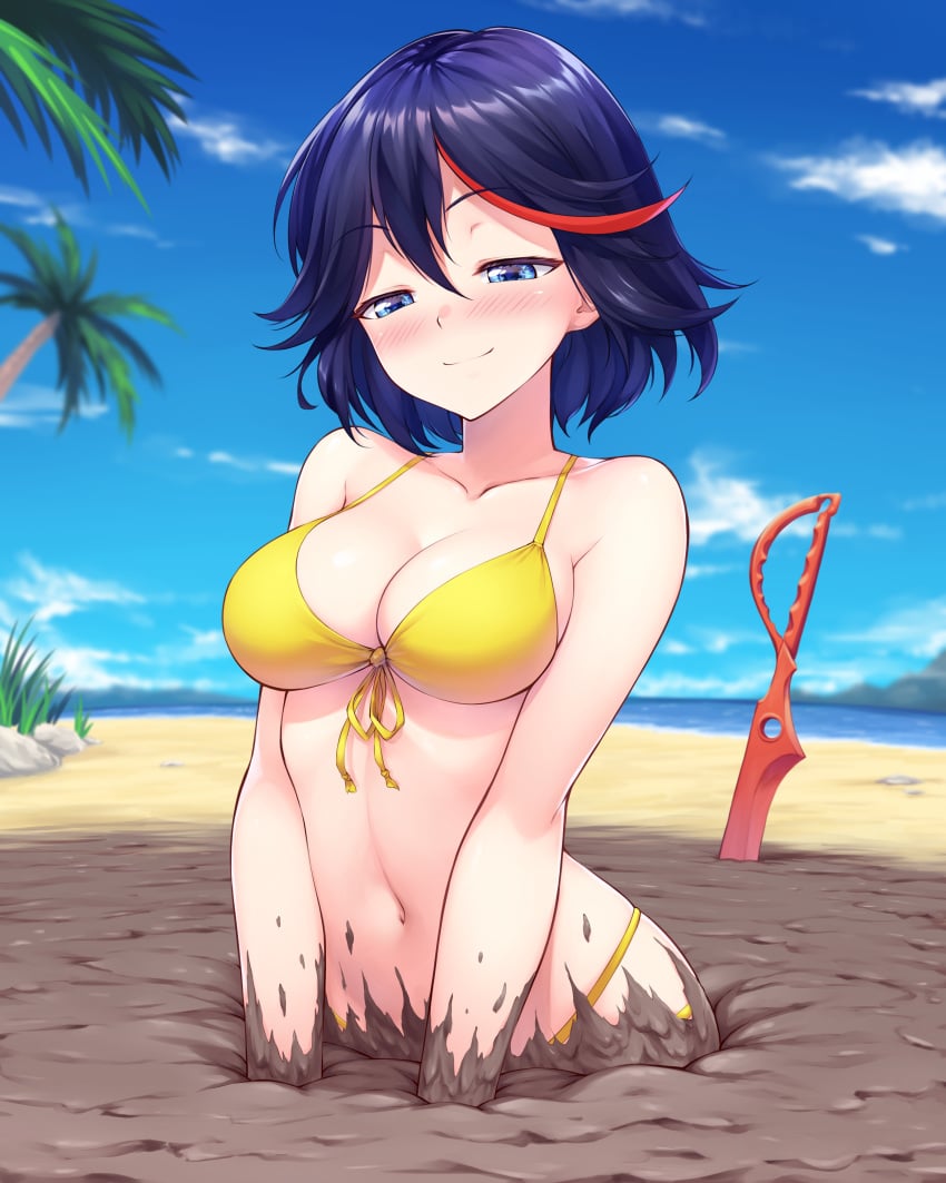 1girls 2020 beach belly_button bikini bikini_top blade blue_eyes blush breasts clothing dark_purple_hair eyebrows eyebrows_visible_through_hair eyewear female hair highres ivenglynn kill_la_kill looking_down looking_pleasured matoi_ryuuko melee_weapon mud muddy narrowed_eyes navel outside partially_submerged pleasure_face quicksand short_hair sinking smile smiling solo solo_female stuck swimsuit sword wam weapon wet_and_messy yellow_bikini yellow_bikini_top yellow_swimsuit