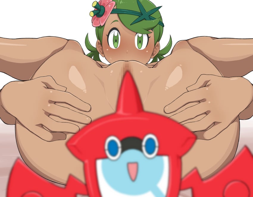 blush convenient_censoring crozu dark_skin green_eyes green_hair hair_ornament hairband kurozu_(crozu) legs_held_open looking_at_viewer mallow_(pokemon) pokemon pokemon_sm rotom rotom_pokedex short_hair solo solo_female solo_focus spread_legs tied_hair