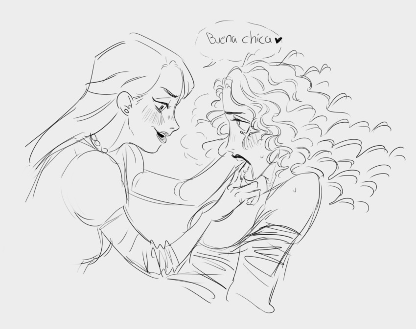 2girls black_lipstick breasts clothing curly_hair disney disney_villains femmepanini finger_in_mouth monochrome mother_gothel queen_arianna rough_sketch spanish_text tangled translated yuri