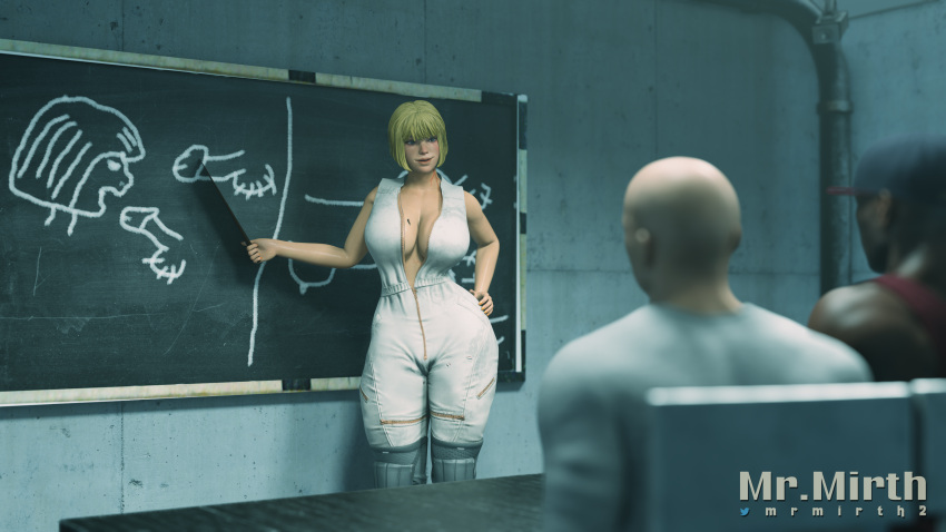 apex_legends big_ass big_breasts big_butt blonde_hair blue_eyes breasts cleavage curvy huge_breasts lesson mrmirth overalls school_desk short_hair smile thick thick_ass thick_thighs wattson_(apex_legends)