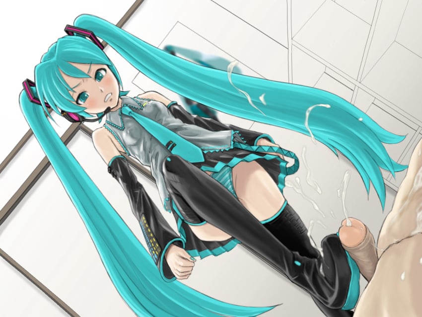 aqua_eyes aqua_hair bootjob boots cum cum_on_boots detached_sleeves dutch_angle erect_nipples female hatsune_miku headset long_hair necktie panties penis pierre_iwashi shoejob skirt smile striped striped_panties thigh_boots thighhighs tied_hair twintails underwear upskirt very_long_hair vocaloid