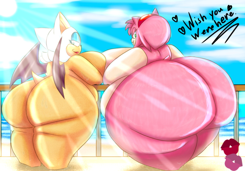 2021 2girls amy_rose ass beach breasts fat huge_ass huge_breasts huge_butt lipstick lipstick_mark looking_at_viewer looking_back morbidly_obese multiple_girls obese obese_female overweight pakaproductions rouge_the_bat sega sonic_(series) sonic_the_hedgehog_(series) sun text