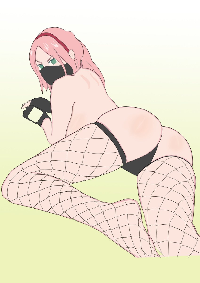 1girls ass big_ass big_butt black_panties boruto:_naruto_next_generations cosplay dat_ass feet female female_focus female_only fingerless_gloves fishnet_legwear fishnet_stockings fishnets gloves green_eyes hairband hatake_kakashi_(cosplay) legwear looking_at_viewer looking_back mask mibsbibs naruto naruto_(series) naruto_shippuden ninja on_stomach pale-skinned_female pale_skin panties pink_hair pinup pose posing sakura_haruno shounen_jump soles solo solo_female solo_focus topless topless_female voluptuous