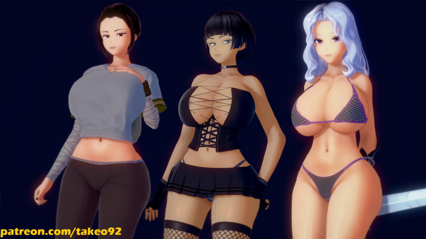 3d 3d_(artwork) 3girls alternate_costume bare_shoulders belly big_ass big_breasts bikini_armor bikini_top black_hair blue_eyes bob_cut brown_eyes brown_hair choker cleavage corset crossover curvaceous curvy erect_nipples_under_clothes female_only fingerless_gloves fishnet_stockings goth gothic hand_on_breast hand_on_hip hands_behind_back holding_weapon hourglass_figure huge_ass huge_breasts koikatsu large_ass large_breasts looking_at_viewer miniskirt original original_character patreon purple_eyes rachel_(takeo92) revealing_clothes rey short_hair simple_background standing star_wars sword takeo92 tamara_wolfsbane_(takeo92) tan tan_skin text thick_thighs tight_clothing tight_fit warrior wavy_hair white_hair wide_hips