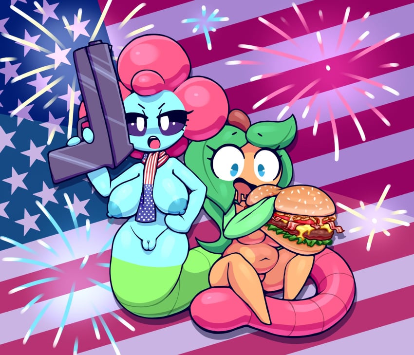 2019 2girls american_flag anthro breasts burger candy female female_focus female_only fireworks flora_fauna food fruit gummy gummy_worm gun jelena_(screwroot) multiple_girls naked navel nipples nude nude_female nudity obese obese_female oc open_mouth open_smile orange_(fruit) original_character original_characters plant pussy sandwich_(food) scarf screwroot tara_(screwroot) worm