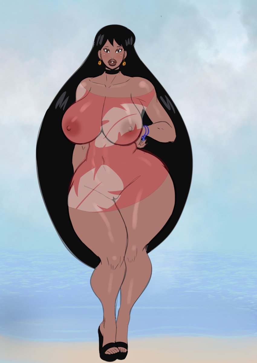 1girls aged_up annon areolae bimbo breasts choker disney dress eyeshadow high_heels huge_breasts lilo_and_stitch lilo_pelekai lipstick long_fingernails looking_at_viewer makeup nipples pussy see-through solo thick_thighs voluptuous wide_hips