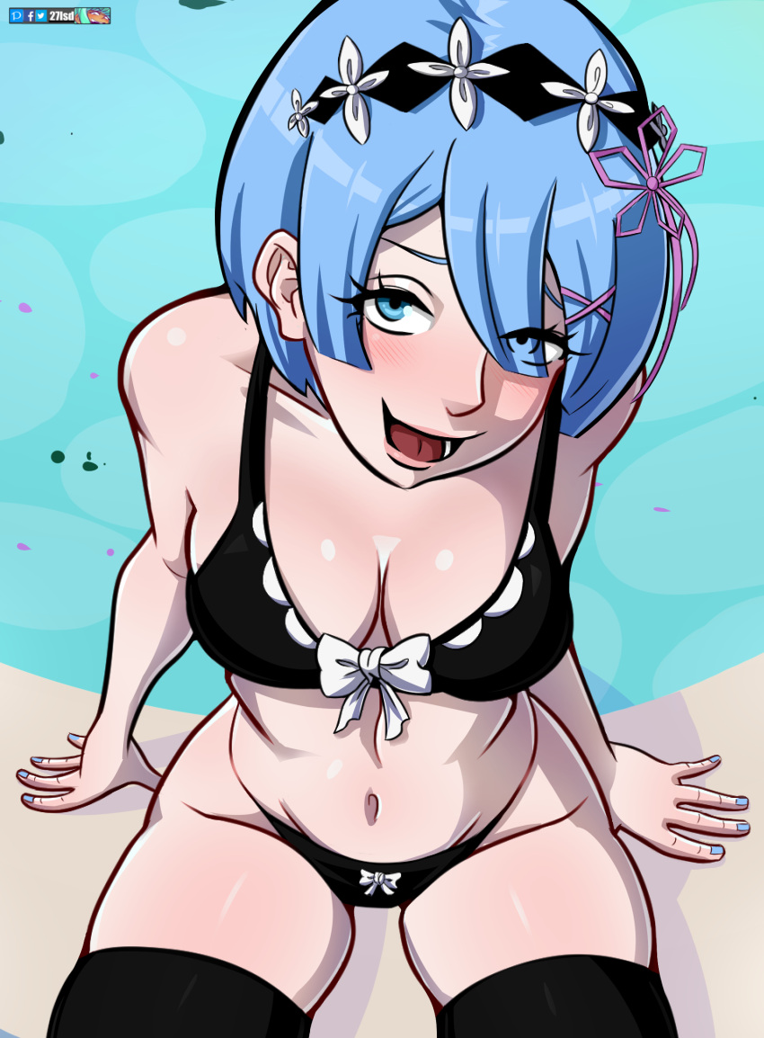 1girls 27lsd big_breasts bikini blue_eyes blue_hair blue_nails commission fingernails looking_at_viewer nail_polish pinup re:zero_kara_hajimeru_isekai_seikatsu rem_(re:zero) stockings thick_thighs