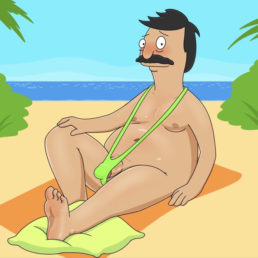 1boy 1male barefoot beach bob's_burgers bob_belcher chubby circumcised feet funkiebara gay glans mankini nude penis pillow pinup slightly_chubby sling_bikini towel veiny_penis